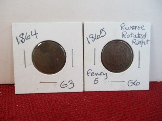 1864 and 1865 Reverse Rotated Righ Fancy 5 Two Cent Copper Coins