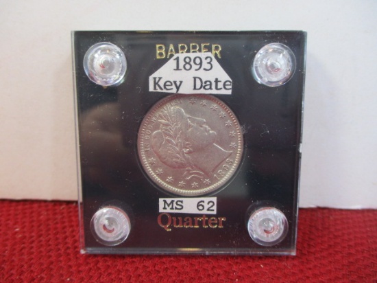 *1893 Key Date Barber Silver Quarter Dollar Coin