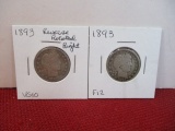 1893 and 1893 Reverse Rotated Right Barber Silver Quarter Dollar Coins Pair