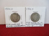 1892-S and 1892-O Barber Silver Quarter Dollar Coins Pair