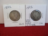 1892 Barber Silver Quarter Dollar Coins Pair