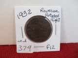 1932 Reverse rotated right with Medium Letters Large Cent Copper Coin