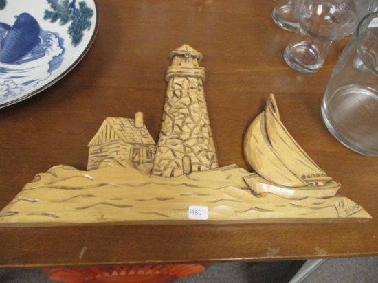Signed Lighthouse Wood Carving