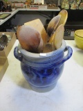 Cobalt Decorated 4 Liter Stoneware Crock w/ Antique Wooden Spoons