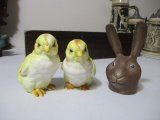 Pair of Glazed Ceramic Chick Figures + Resin Rabbit Head