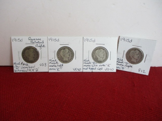 1915-D Silver Barber Quarter Dollar Coins-Lot of 4-A
