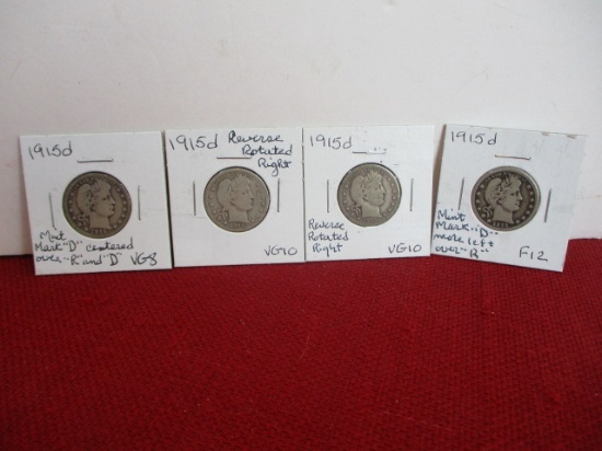 1915-D Silver Barber Quarter Dollar Coins-Lot of 4-C