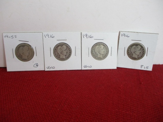 1915-S and 1916 Silver Barber Quarter Dollar Coins-Lot of 4