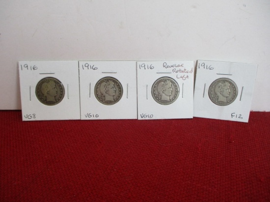 1916 Silver Barber Quarter Dollar Coins-Lot of 4