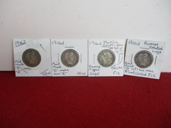1916-D Silver Barber Quarter Dollar Coins-Lot of 4-C