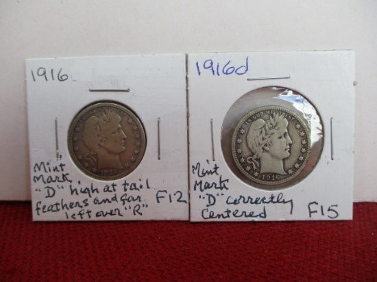 1916 and 1916-D Silver Barber Quarter Dollar Coin Pair