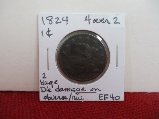 *1824 "4" over "2" Classic Head Large One Cent Coin