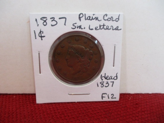 1837 Plain Cord and Small Letters Classic Head Large One Cent Coin