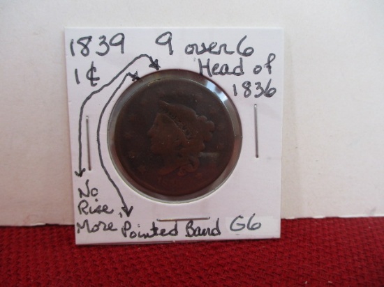 *1839 Head of 1836 9 over 6 Classic Head Large One Cent Coin