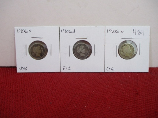1906 Barber Silver Dimes-3 Different Mint Marks