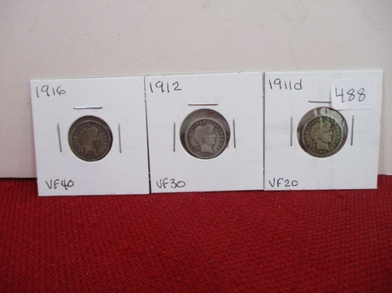 Early 1900's Barber Silver Dimes-Lot of 3