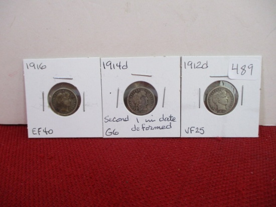 Early 1900's Barber Silver Dimes-Lot of 3