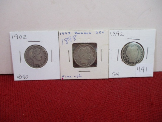 1800's-1900's Barber Silver Quarter Dollars-Lot of 3
