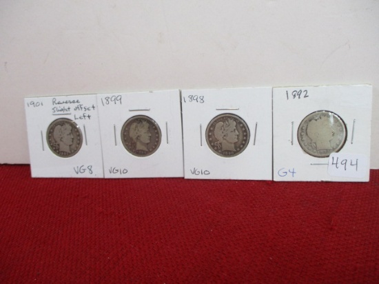 1800's-1900's Barber Silver Quarter Dollars-Lot of 4