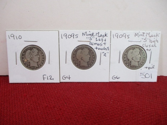 1900's Barber Silver Quarter Dollars-Lot of 3