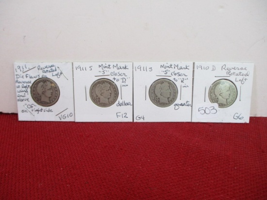 1900's Barber Silver Quarter Dollars-Lot of 4