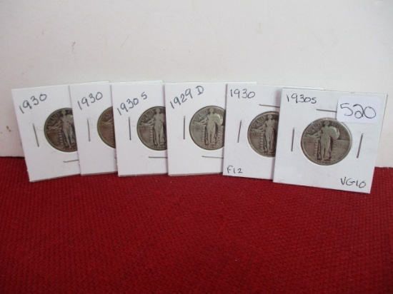 1920's-1930's Standing Liberty Silver Quarter Dollars-Lot of 6