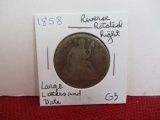1858 Reverse Right Rotated Silver Seated Liberty Half Dollar Coin