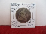 1858-O Slight Reverse Left Rotated Silver Seated Liberty Half Dollar Coin