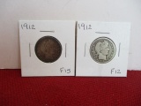1912 Silver Barber Quarter Dollar Coin Pair