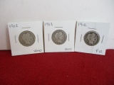 1912 Silver Barber Quarter Dollar Coins-Lot of 3