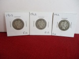 1912 Silver Barber Quarter Dollar Coins-Lot of 3