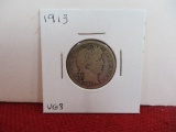 1913 Silver Barber Quarter Dollar Coin