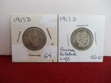 1913-D Silver Barber Quarter Dollar Coin Pair
