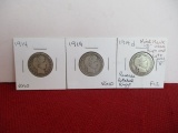 1914 and 1914-D Silver Barber Quarter Dollar Coins-Lot of 3
