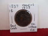 1837 Head of 1838 Classic Head Large One Cent Coin-B