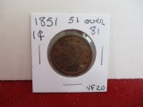 1851 51 over 81 Classic Head Large One Cent Coin