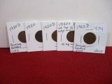 1920's Mixed Wheat Pennies-Lot of 5