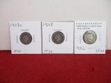 1908 Barber Silver Dimes-3 Different Mint Marks