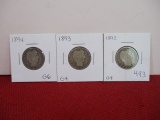 1890's Barber Silver Quarter Dollars-Lot of 3