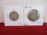1911 and 1911-D Barber Silver Quarter Dollar Coins-A