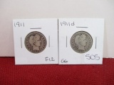 1911 and 1911-D Barber Silver Quarter Dollar Coins-B
