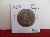 1853 with Rays Seated Silver Half Dollar Coin
