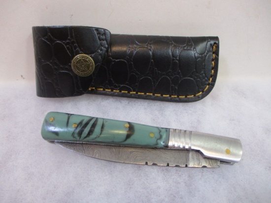 Handcrafted Back of Belt Knife – Damascus Steel Blade with Resin & Olive Wood Handle main image 0