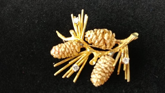 Ladies 14 kt, y/g pin with three (3) pine cones and three (3) diamonds.