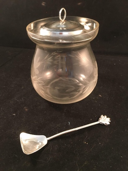 Sterling Silver And Glass Etched Sugar Bowl & Spoon