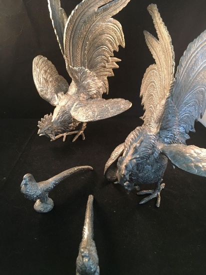 Possible Cast Pewter 4 Piece Bird Set - 2 Roosters, 2 Phesants