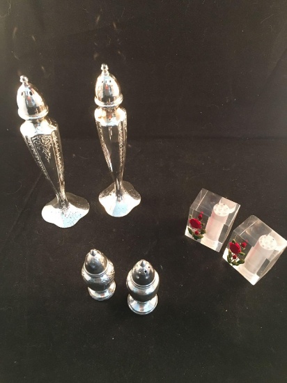 3 Sets of Salt & Pepper Shakers - 2 Plated Silver; 1 Arcrylic Rose