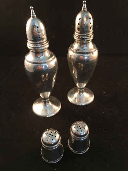 2 Sets Sterling Silver Salt & Pepper Shakers One Set Monogrammed ERM Dented
