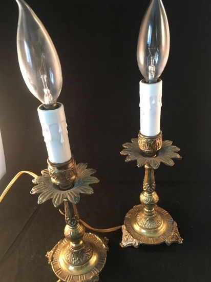 8 Assorted Brass Pieces - 2 - 12 Inch Lamps w/o Shades; 1 Oval Picture Frame; 3 Sided Twig and Leaf