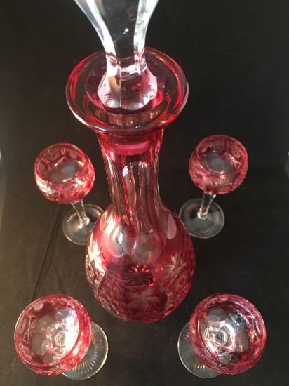 Cranberry Cut Glass Decanter Set